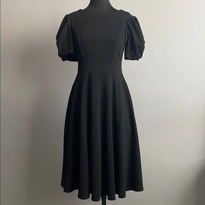 Ivy City Co Classic Black Midi Dress with Puff Sleeves and Pockets